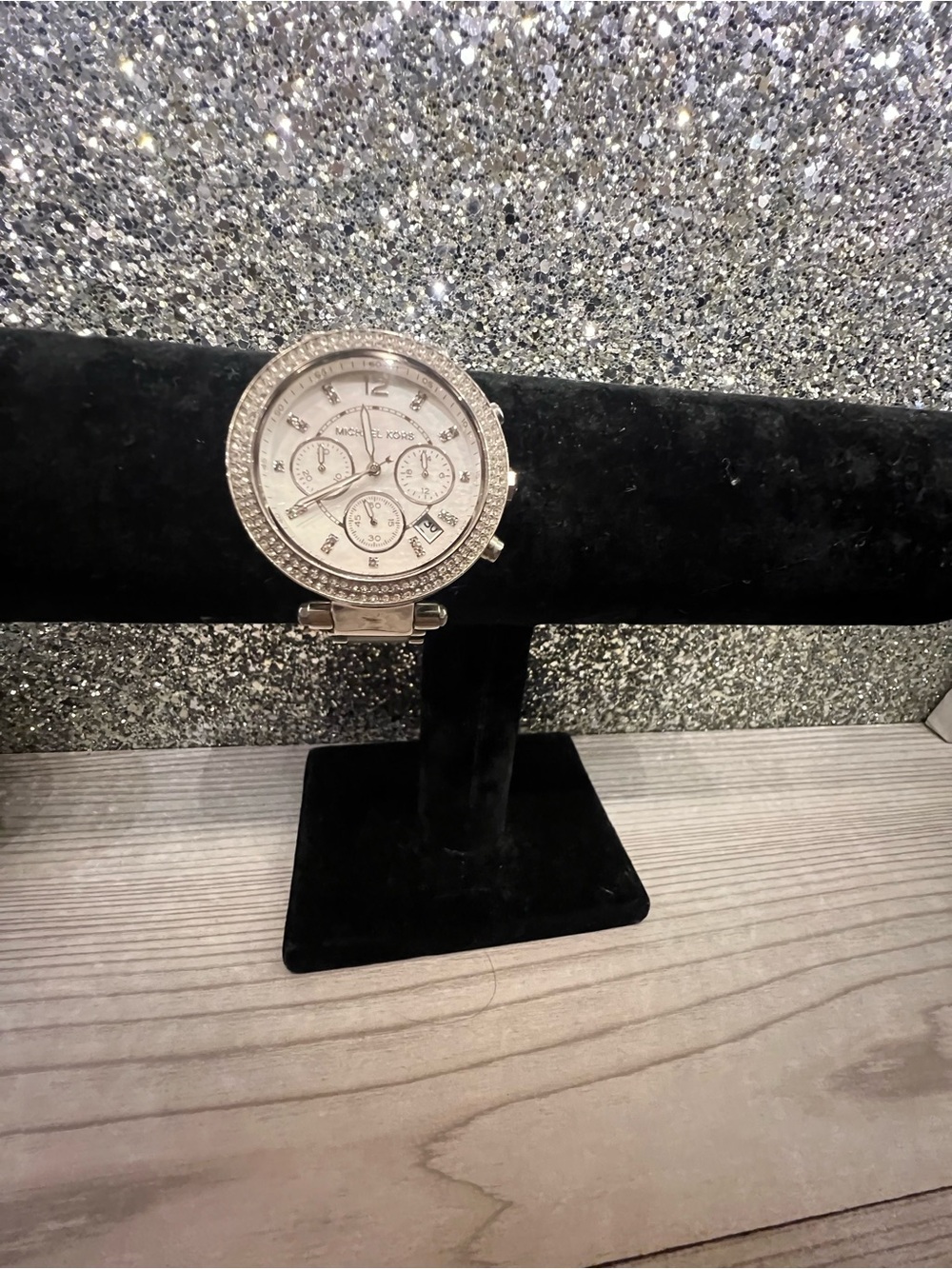 Michael Kors Black Velvet T-Bar Watch Stand with Silver Accents